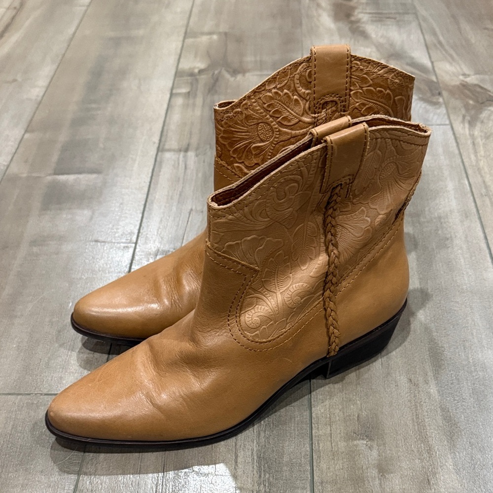 Lucky Brand Tan Embossed Leather Western Ankle Boots
